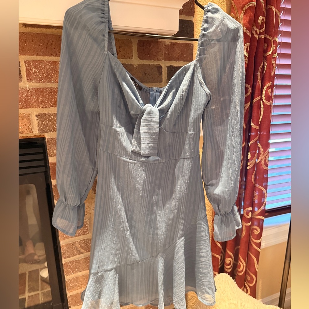 Light Blue Long Sleeve Tie-Front Mini Dress